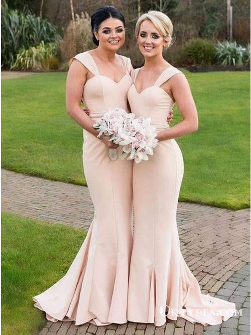 Mermaid Square Long Cheap Champagne Stretch Satin Bridesmaid Dresses, TYP1851