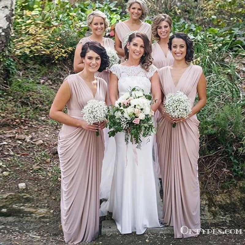 Sheath V Neck Sweep Train Pink Bridesmaid Dresses With Ruched, TYP1936