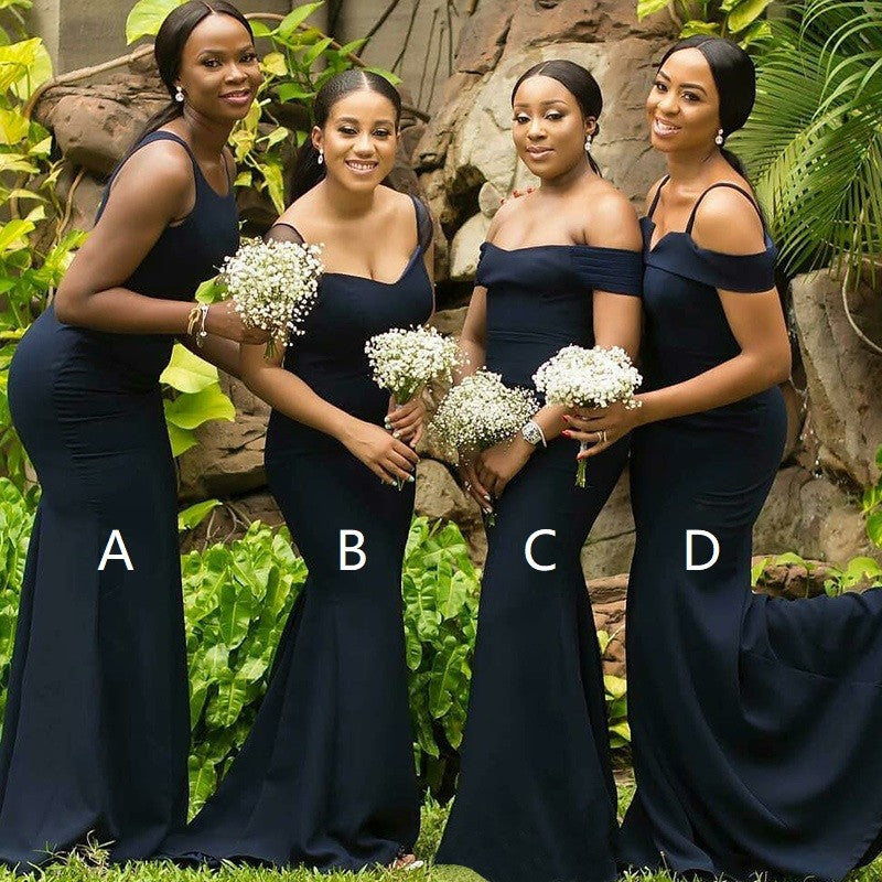 Mismatched Mermaid Round Neck Long Navy Blue Bridesmaid Dresses, TYP1475