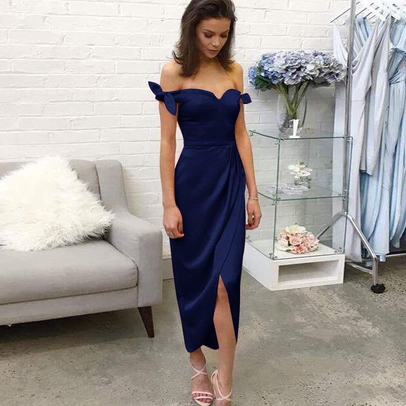 Sheath Off-the-Shoulder Short Dark Blue Bridesmaid Dresses, TYP1552