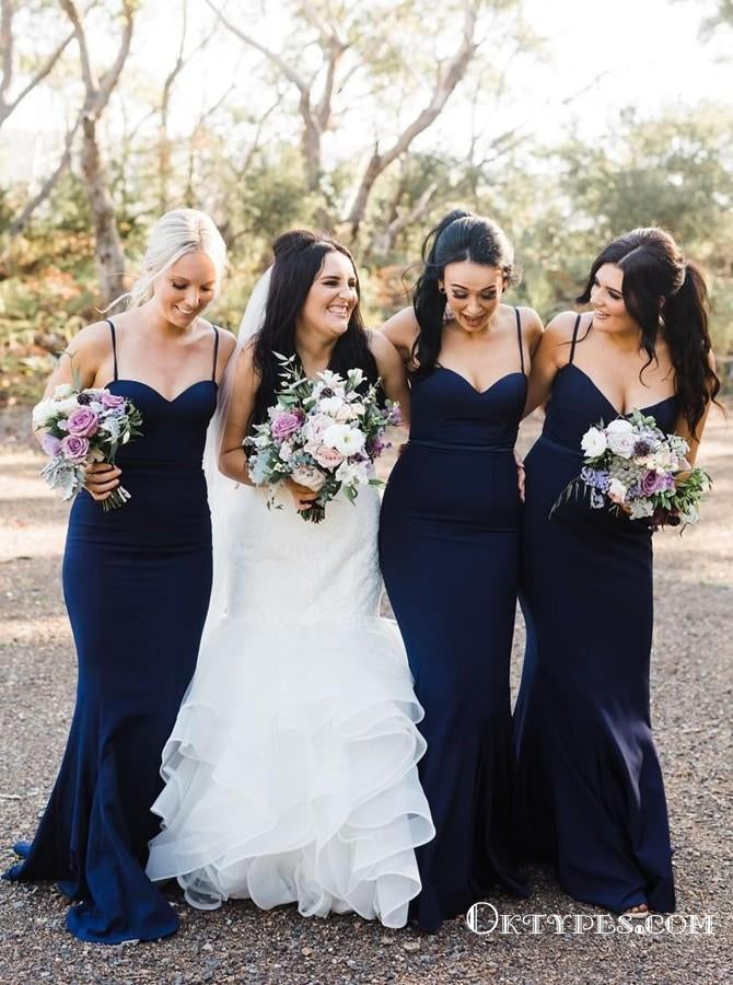 Charming Mermaid Sweetheart Spaghetti Straps Navy Blue Long Bridesmaid Dresses, TYP1753