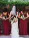 Elegant Sheath Round Neck Open Back Burgundy Lace Long Bridesmaid Dresses, TYP1779