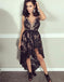 Unique V-Neck High Low Black Lace Homecoming Dresses with Beading, TYP1061