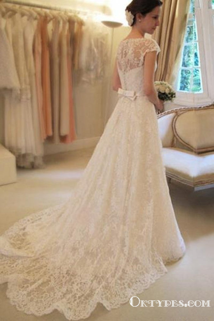 A-line Cap Sleeves Elegant White Lace Long Wedding Dresses with Sashes, TYP1942