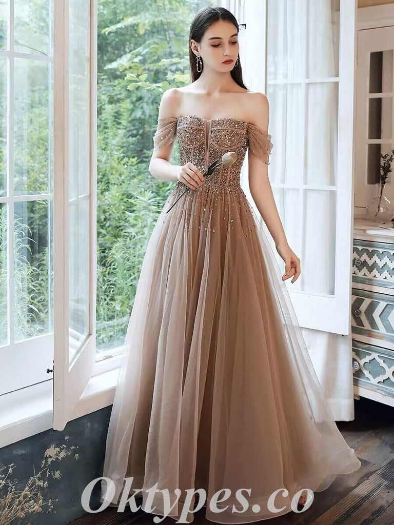 Elegant Tulle Off Shoulder Sleeveless A-Line Long Prom Dresses With Applique And Besding,PDS0710