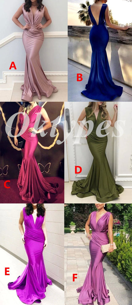 Sexy Soft Satin Spaghetti V-Neck Straps Sleeveless Mermaid Long Prom Dresses, PDS0902