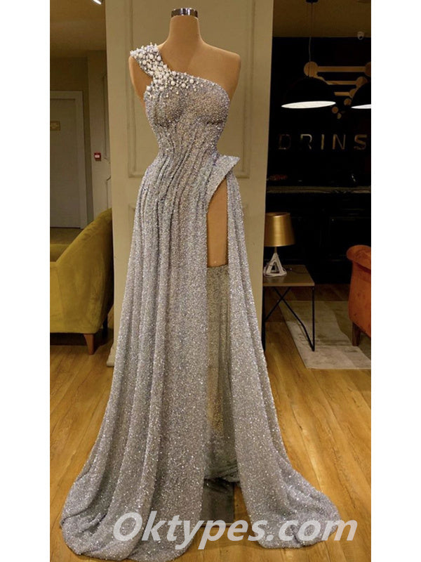 Sexy Sequin One Shoulder Sleeveless Side Slit Mermaid Long Prom Dresses With Beading,PDS0391