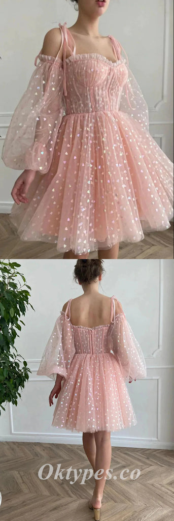 Lovely Pink Tulle Spaghetti Straps Long Sleeve A-Line Prom Dresses/Homecoming Dresses,PDS0492