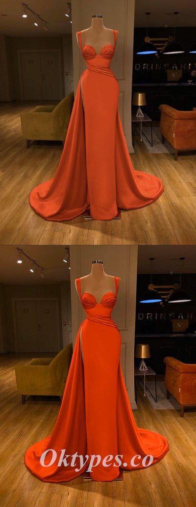 Elegant Orange Satin Spaghetti Straps Sleeveless Side Slit Mermaid Long Prom Dresses With Pleats,PDS0515