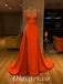 Elegant Orange Satin Spaghetti Straps Sleeveless Side Slit Mermaid Long Prom Dresses With Pleats,PDS0515