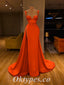 Elegant Orange Satin Spaghetti Straps Sleeveless Side Slit Mermaid Long Prom Dresses With Pleats,PDS0515