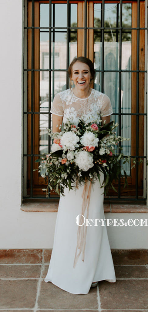 Elegant White Round Neck Short Sleeve Long Outdoor Wedding Dresses, TYP1561