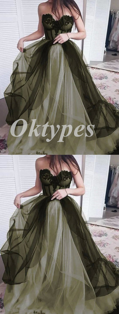 Elegant Tulle Sweetheart V-Neck Sleeveless A-Line Long Prom Dresses With Applique,PDS0720