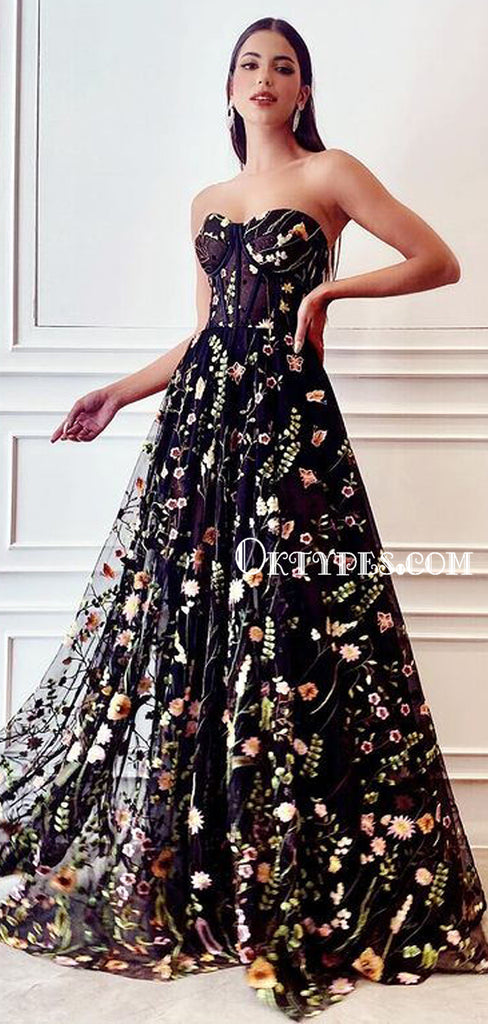 Unique Gorgeous Black Floral Embroidered Long Prom Dresses, TYP1730