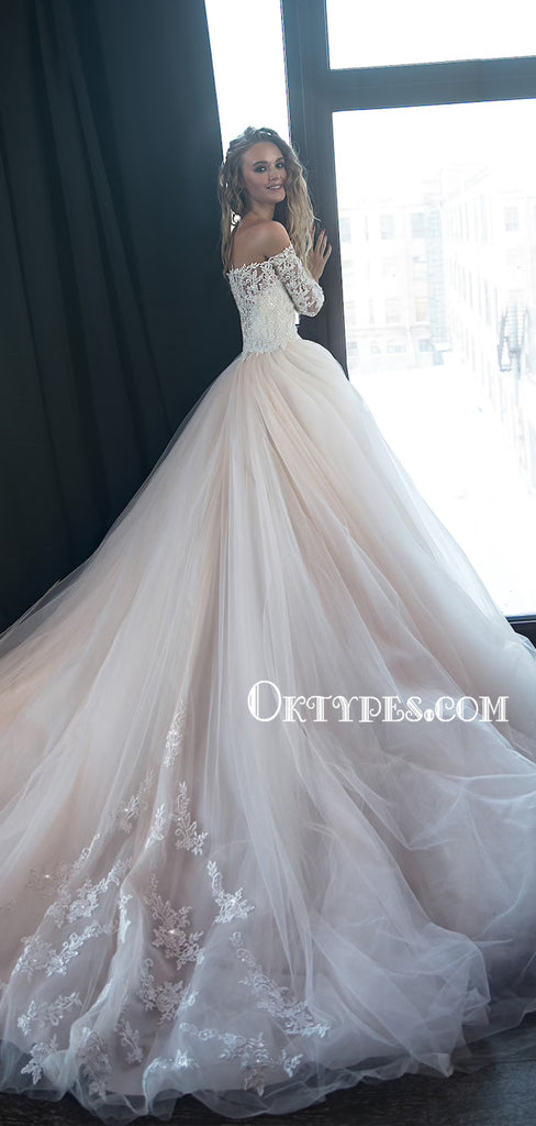 New Arrival V-neck A-line Tulle Lace Long Sleeve Wedding Dresses, WDS0082