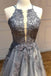 Elegant Halter Sleeveless Grey Organza Lace Appliqued A-line Long Cheap Backless Prom Dresses, PDS0081