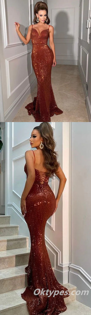 Sexy Sequin Spaghetti Straps V-Neck Side Slit Mermaid Long Prom Dresses ,PDS0369