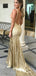 Mermaid V-Neck Backless Gold Sequined Prom Dresses with Appliques, TYP1288