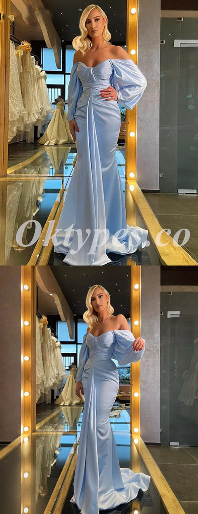 Elegant Satin Off Shoulder V-Neck Long Sleeve Mermaid Long Prom Dresses,PDS0698