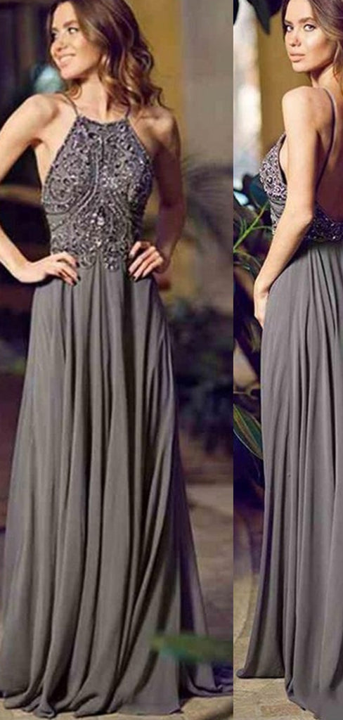 A-Line Halter Sleeveless Long Cheap Backless Grey Chiffon Prom Dresses with Beading, TYP1291