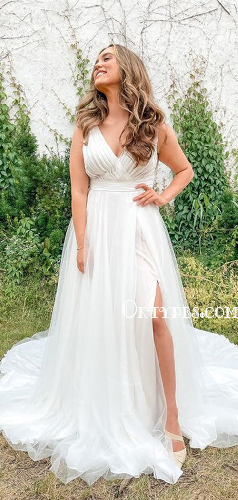 Charmign V-neck A-line Sleeveless Side Slit Wedding Dresses, WDS0084