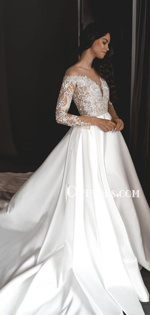 New Arrival V-neck A-line Satin Long Sleeve Wedding Dresses, WDS0083