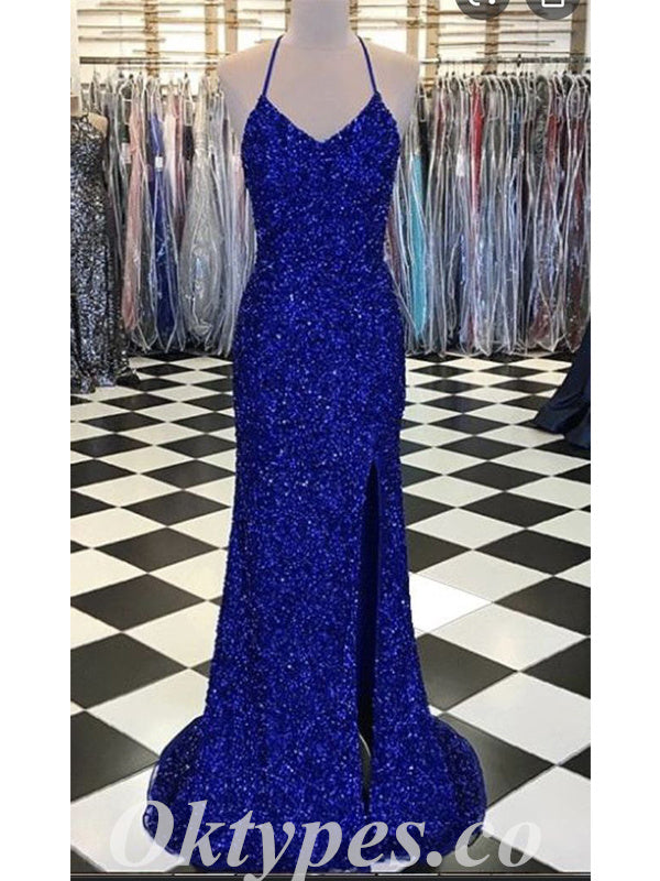 Sexy Shiny Sequin Halter V-Neck Sleeveless Criss Cross Mermaid Long Prom Dresses,PDS0500