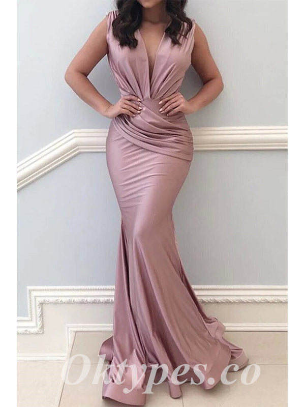 Sexy Soft Satin Spaghetti V-Neck Straps Sleeveless Mermaid Long Prom Dresses, PDS0902