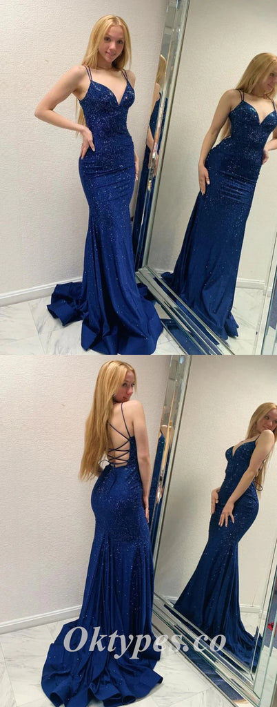 Sexy Royal Blue Sequin Satin Spaghetti Straps V-Neck Lace Up Back Mermaid Long Prom Dresses,PDS0594