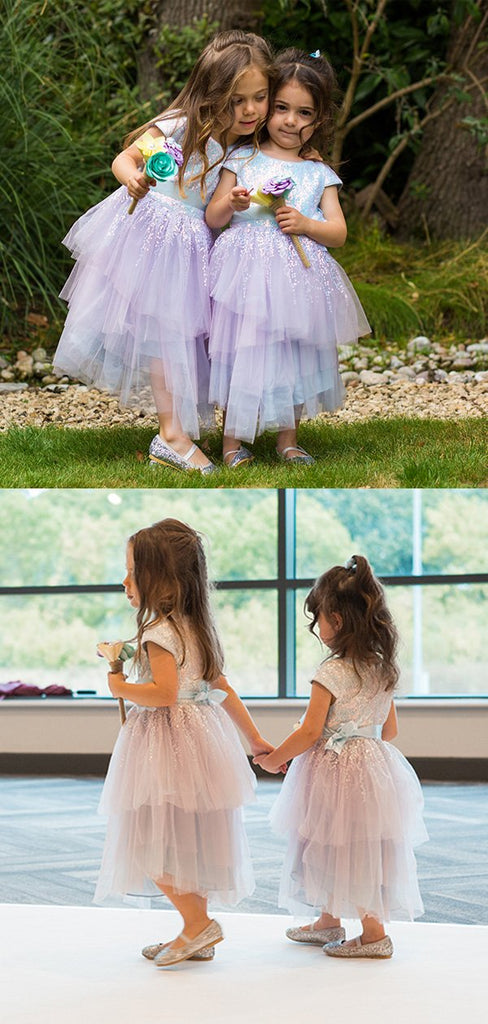 Lovely Tulle Sequin A-line Long Cheap Flower Girl Dresses, FGS0026