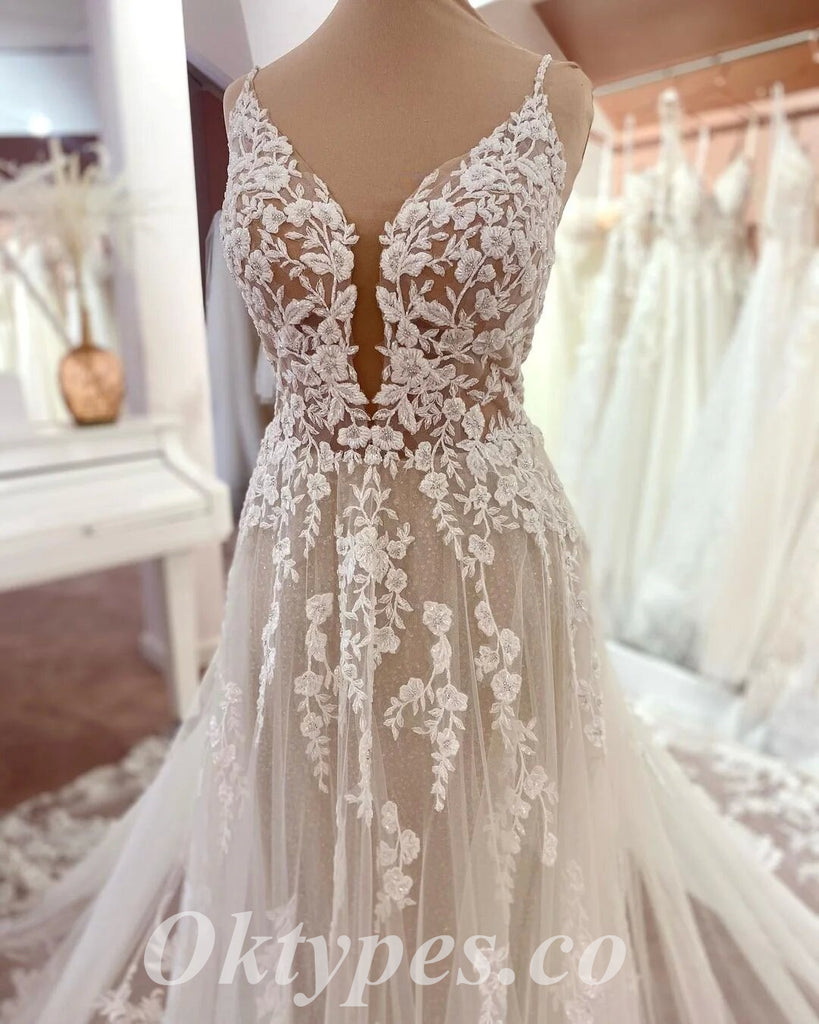 Elegant Spaghetti Straps V-Neck Sleeveless Backless A-Line Long Wedding Dresses,WDS0137