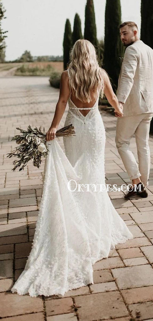 Newest V-neck Mermaid Lace Open Back Long Wedding Dresses, WDS0103