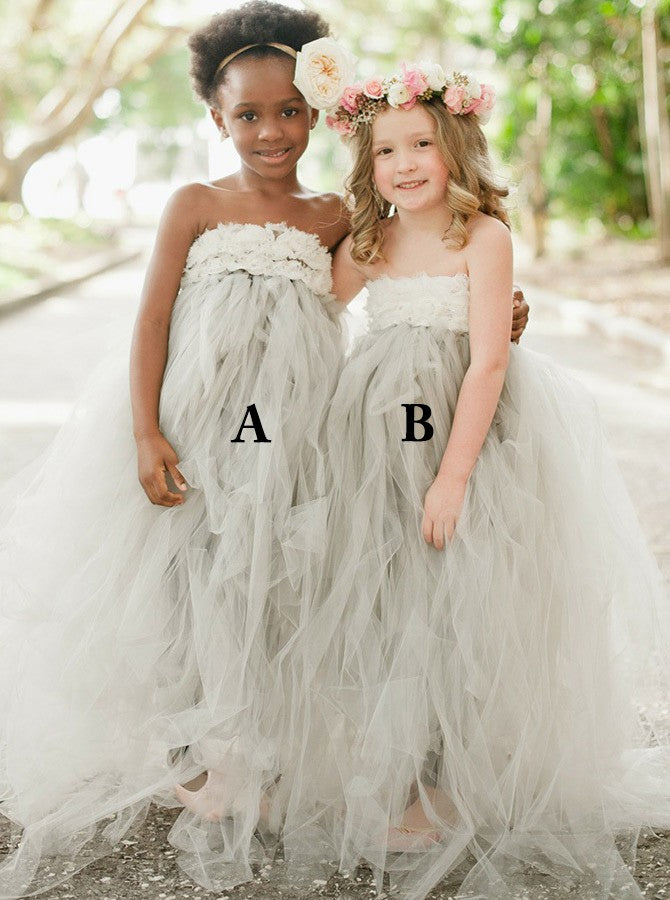 A-Line Strapless Sweep Train Light Grey Tulle Flower Girl Dress with Appliques, TYP1029