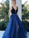 Deep V Neck Navy Blue Tulle Long Prom Dress Gown With Beading, TYP1500