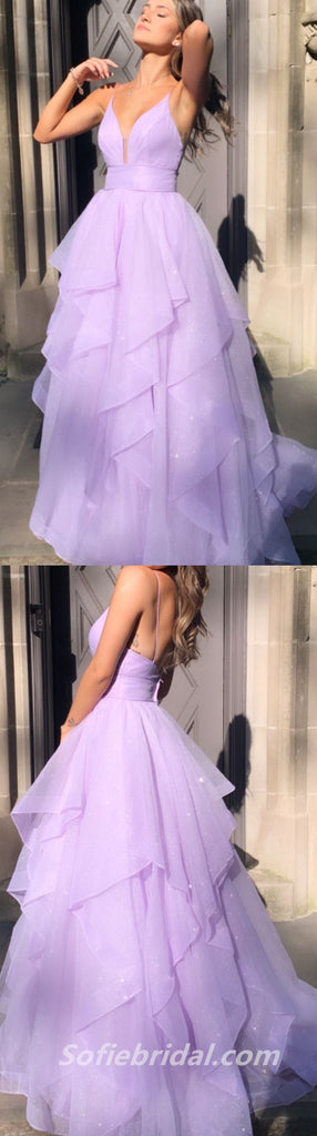 Elegant Purple Tulle Spaghetti Straps V-Neck A-Line Long Prom Dresses,PDS0450