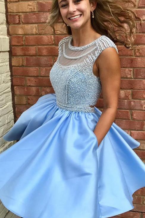 Open Back Blue Cap Sleeve Soop Short Cheap Homecoming Dresses Online, CM564