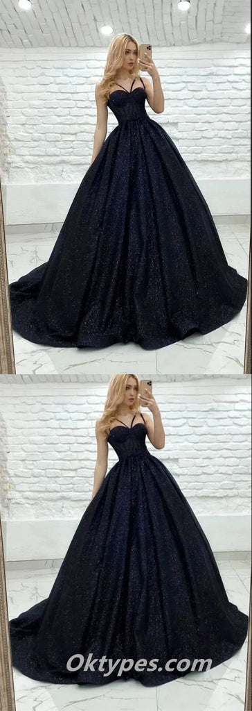 Elegant Black Sequin Tulle Spaghetti Straps A-Line Long Prom Dresses/Graduation Evening Dresses,PDS0405