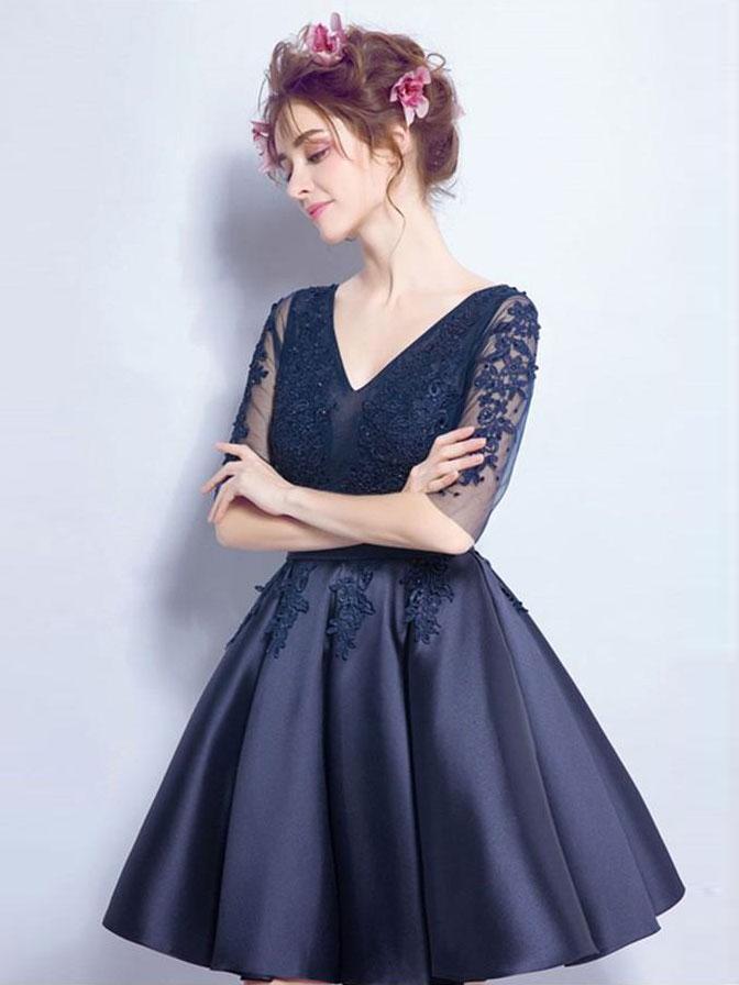 Cheap Short Cute Long Sleeve Lace Navy Homecoming Dresses 2018, CM468