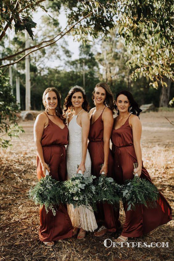 Simple Sheath V Neck Brown Elastic Satin Long Bridesmaid Dresses, TYP1755