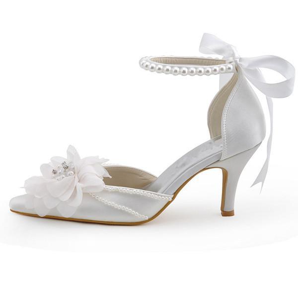 Pearls Women Wedding Shoes With Ribbons Lace Up Party Shoes Pointed Toes, S030