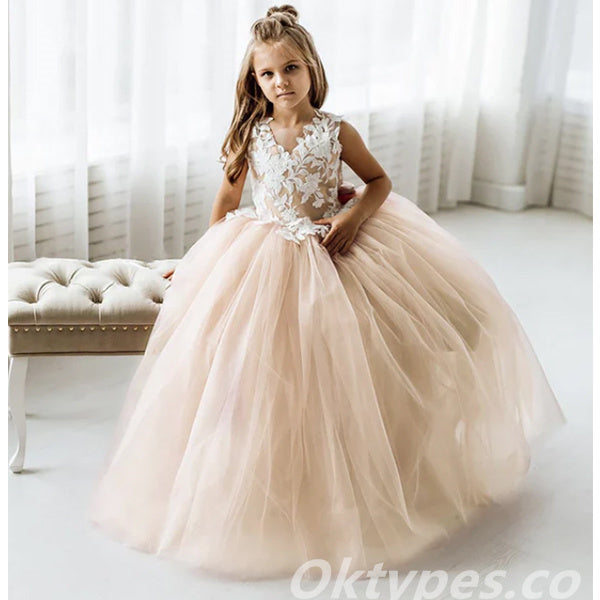 Cute Ekegant Spaghetti Straps Lace Tulle A-Line Flower Girl Dresses, FGS0032