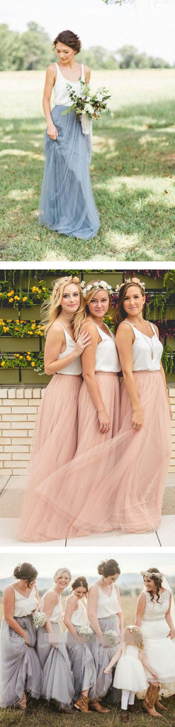 Popular Cheap Junior Off Shoulder Scoop Neck White Blush Pink Tulle Long Bridesmaid Dresses, TYP0164