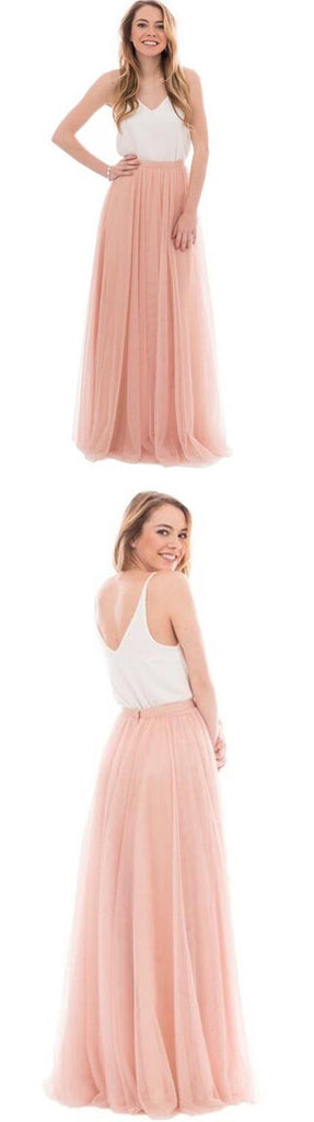 Popular Cheap Junior Off Shoulder Scoop Neck White Blush Pink Tulle Long Bridesmaid Dresses, TYP0164