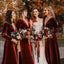 Rust Velvet Long Sleeves A-line Floor Length Long Bridesmaid Dresses, BDS0188