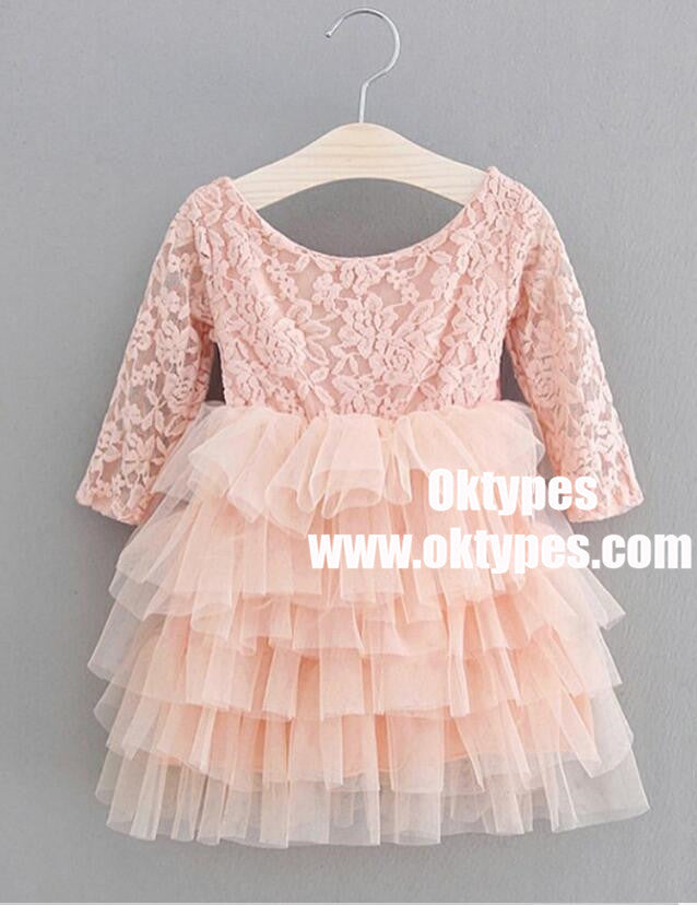 A-Line Round Neck Pleated Pink Tulle Flower Girl Dress with Flowers, TYP0970