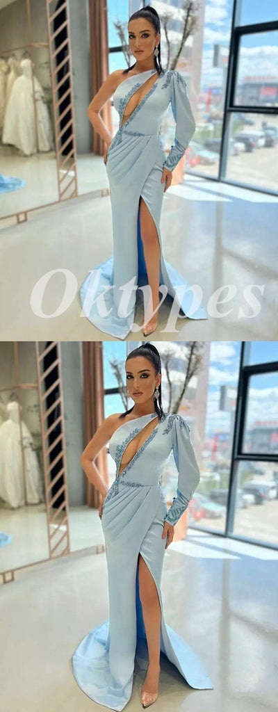 Sexy Blue Satin One Shoulder Long Sleeve Side Slit Mermaid Long Prom Dresses With Rhinestone, PDS0820