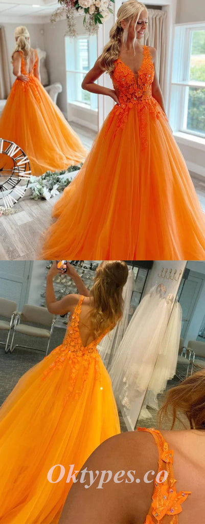 Elegant Orange Tulle Spaghetti Straps V-Neck A-Line Long Prom Dresses With Applique,PDS0592