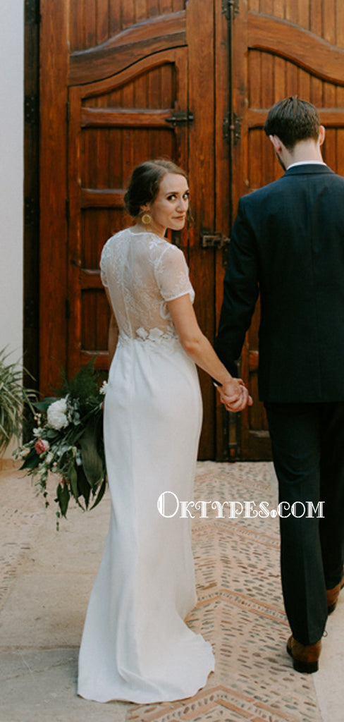 Elegant White Round Neck Short Sleeve Long Outdoor Wedding Dresses, TYP1561