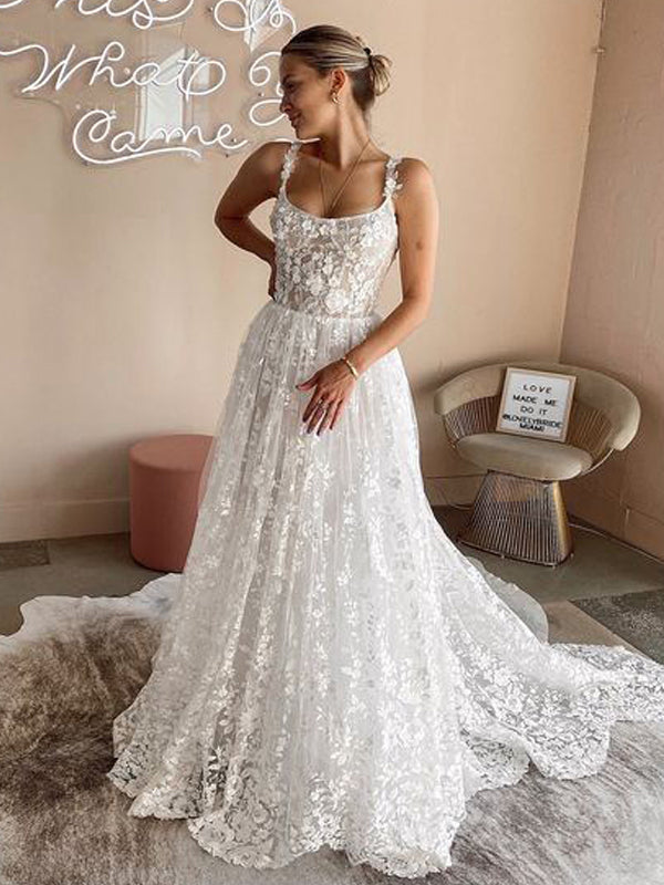 Spaghetti Straps A-line Lace Appliques Wedding Dresses Online, TYP1179