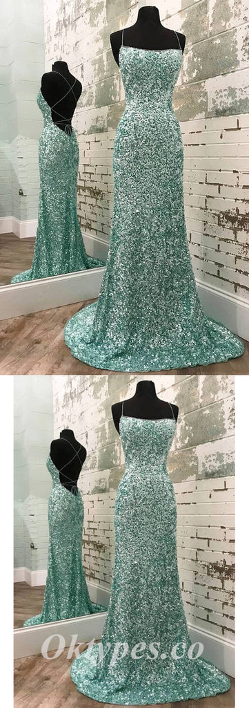 Sexy Shiny Mint Green Sequin Halter Sleeveless Criss Cross Mermaid Long Prom Dresses,PDS0501